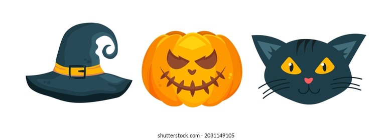 Witch hat with buckle, pumpkin head or jack o lantern and black cat isolated on white background. Vector cartoon illustration for Halloween holiday greetings design.