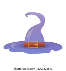 Witch hat with buckle in realistic style. Helloween purple witch costume for party. Colorful vector illustration isolated on white background.