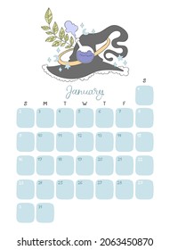 Witch hat. Calendar 2022. Month - January. Isolated vector objects on a white background.