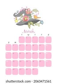 Witch hat. Calendar 2022. Month - March. Isolated vector objects on a white background.