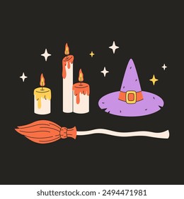 Witch hat, candles and broom. Magic, witchcraft. Vector illustration in flat style