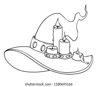 Witch hat with candles. Halloween icon. Hand drawn vector illustration. Can be used for cards, coloring books, games, tattoo etc. 