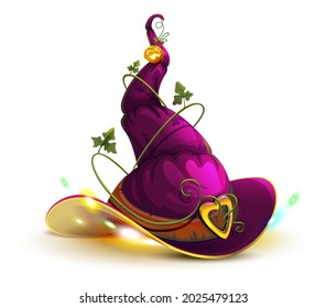 Witch hat cap fashionable retro accessory for the holiday halloween. Vector cartoon illustration isolated on white