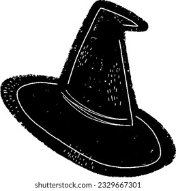 Witch hat cartoon. Black hand drawn linocut style, grunge rough old texture. Element for design. Halloween design.