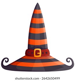 Witch hat cartoon vector illustration decorated with belt with buckle. Halloween, magic, fantasy, children’s books, games and festive design projects clipart. 