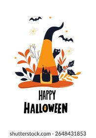 Witch Hat with Cat and Bats Cozy Halloween Greeting card. Autumn Halloween Flat Vector Illustration. Happy Halloween Card with Black Cat and Magic Hat
