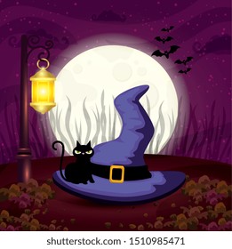 witch hat with cat in scene halloween