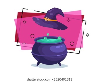 Witch hat and cauldron with boiling potion. Halloween banner design. Celebration, magic, holiday concept. Vector illustration can be used for poster or invitation