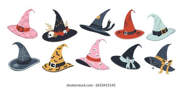 Witch hat clip art set. Hand drawn flat elements on white background. Hats with ribbons, bows, buckles, feathers, skulls, patterns, cobweb. Perfect for Halloween designs. Isolated vector illustrations