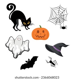 Witch hat, cobweb, scary pumpkin, bat, black cat and spiders.