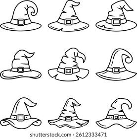 Witch Hat Collection Line Art – Halloween Magic Vector Set for Spooky and Fantasy Designs