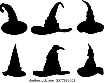 witch hat collection, set black silhouette vector