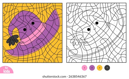 Witch hat color by number activity for kids. Cute Halloween coloring page with kawaii face. Fun educational worksheet for preschool and kindergarten. Holiday printable for autumn crafts.