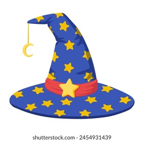 Witch hat. Colorful stargazer hat decorated with stars, Halloween witch hat, Halloween party costume element flat vector illustration. Astrologer hat on white