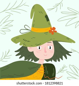 Witch in hat. Colorful vector illustration. Design elements for Halloween event.