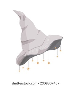 Witch hat concept. White cap with pendant stars. Spooky and creepy costume for magician at Halloween. Template, layout and mock up. Cartoon flat vector illustration isolated on white background