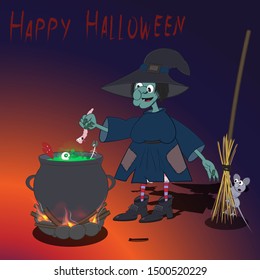 a witch in a hat cooks a magic potion for Halloween in a cauldron. A mouse is hiding behind a broom.