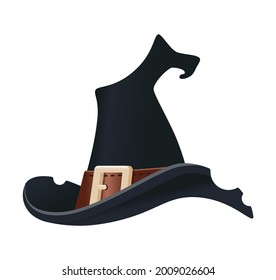 Witch hat - creative, modern cartoon style object. Illustration on white background, can be used as icon. Black hooked brimmed headgear of an evil sorceress. Perfect for Halloween style stickers