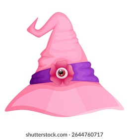 Witch hat with creepy flower eye in pink color. Halloween, spooky, magic, mystical designs elements. Cartoon vector illustration.