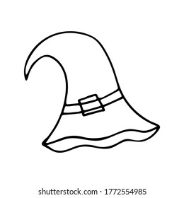 Witch hat is curved, black and white vector illustration in doodle style. Happy Halloween. Costume concept, single element