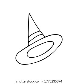 The witch hat is curved, black and white vector illustration in doodle style. Happy Halloween. Costume concept, single element