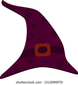 Witch hat is curved, vector flat isolated illustration to Halloween. Costume concept. October party. Purple color