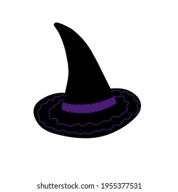 Witch hat cute fancy magic accessory vector flat style simple illustration, isolated object clipart useful for halloween party decoration, hand drawn image, cartoon spooky character