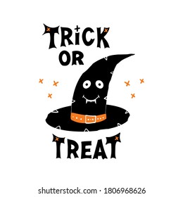 Witch hat with cute smiling face and Trick or treat lettering and doodle cross elements. Holiday greeting card. Isolated on white background. Vector stock illustration.