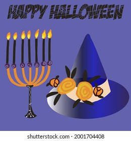 Witch hat decorated with flowers, menorah, happy halloween