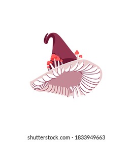 Witch hat decorated with mushrooms. Halloween costume design element, wizard pointed cap with fly agaric mushrooms. Happy Halloween concept cartoon vector illustration