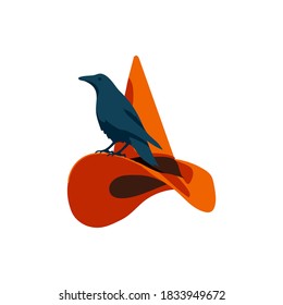 Witch hat decorated with raven. Halloween costume design element, wizard pointed cap. Happy Halloween concept cartoon vector illustration