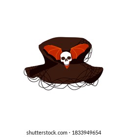 Witch hat decorated with skull. Halloween costume design element, wizard pointed cap. Happy Halloween concept cartoon vector illustration