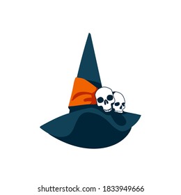 Witch hat decorated with skull. Halloween costume design element, wizard pointed cap. Happy Halloween concept cartoon vector illustration