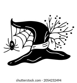 Witch hat decorated with tree branches and spider wed. Vector hand drawn illustration, black color.  Great for Halloween design.