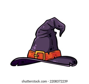 Witch hat. Decoration for Halloween. Hand-drawn clothes of sorcerer or magician. Magic Ammunition. Cartoon illustration