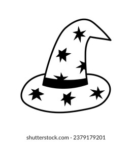 Witch hat doodle illustration. Hand-drawn magical symbol. Wizard headdress with ribbon and stars. Vector art