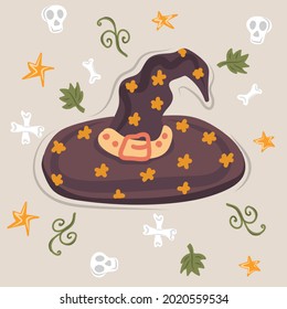 Witch Hat in doodle style.  Design for the holiday Halloween. Vector decoration . 