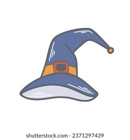 Witch hat doodle style illustration. Isolated decorative element for Halloween design. Hand drawn wizard, sorcerer or witch hat, clip art vector