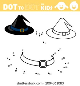 Witch hat. Dot to dot games for kids. Connect the numbers and drawing a hat. Coloring Book. Puzzle activity worksheet. Sketch Vector illustration
