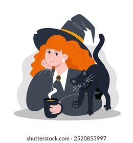 Witch in Hat Drinking Hot Beverage with Black Cat for Halloween