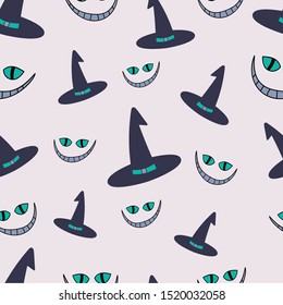 Witch hat and evil cat smile Halloween seamless pattern for wrapping paper.