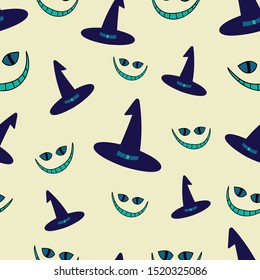 Witch hat and evil cat smile Halloween seamless pattern