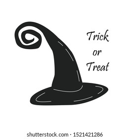 Witch hat flat vector illustration. Wizard, sorcerer cap isolated clipart. Trick or treat typography. Fantasy wizard black headwear and ribbon on white. Decoration, sticker 