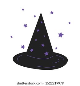 Witch hat flat vector illustration. Wizard, sorcerer cap isolated clipart. Fantasy wizard black and purple headwear. Halloween event costume, decoration, sticker on white 