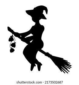 Witch in a hat flies on a broomstick. Black silhouette. Design element. Vector illustration isolated on white background. Template for books, stickers, posters, cards, clothes. Halloween theme.