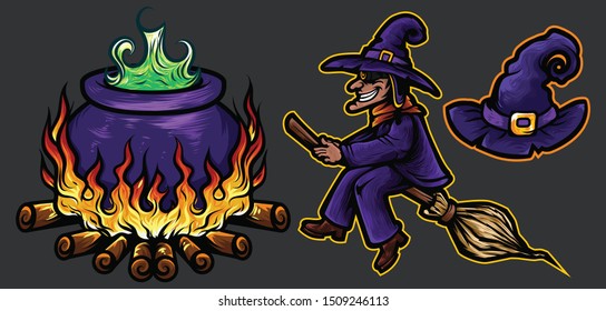 Witch Hat, Witch Fly Broomstick and Magic Pot Spooky Monster Halloween - Vector Art & Illustration