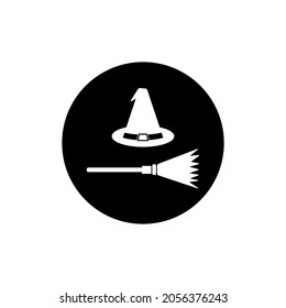 Witch Hat and Flying Broom icon circle black background color editable. Halloween icon.