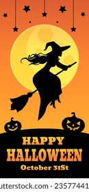 Witch in hat flying on broom silhouette illustration. Halloween poster
