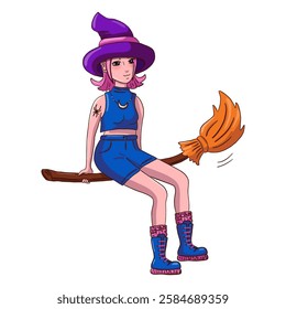 Witch in hat is flying on a broom on white background. Modern witch. Vector illustration.