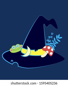 Witch hat with a frog and a mushroom